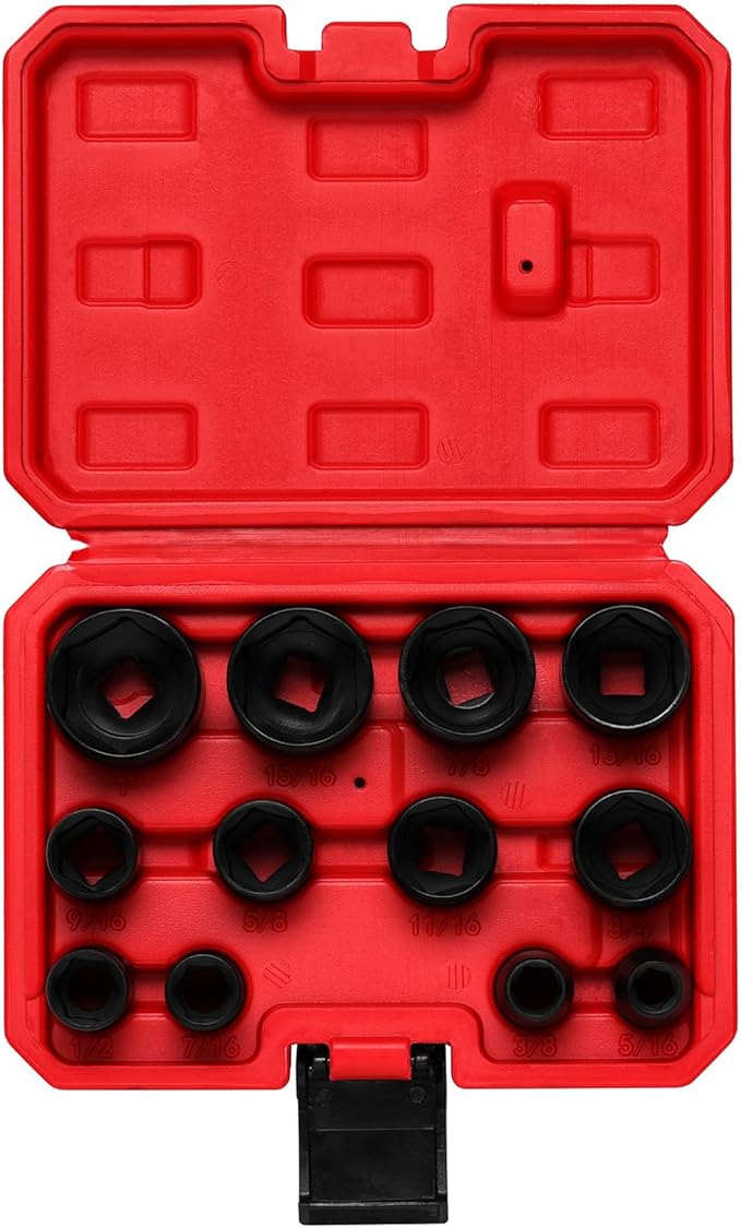 MIXPOWER 12 Pieces 3/8-Inch Drive Shallow Impact Socket Set, 5/16 to 1 inch, CR-V, SAE, 6 Point, Shallow, 12 Pieces 3/8" Dr. Socket