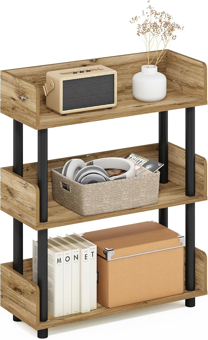 Furinno TURN-N-TUBE Display Shelf, 3-Tier Storage Shelves with Side Panels, Open Shelves Book Shelf with Rounded Corner Top Edges, for Organization and Storage, Living Room, Home Office, Flagstaff Oak