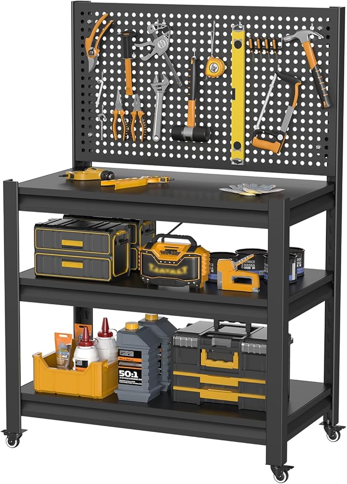 Work Bench with Pegboard,Heavy Duty Workbench with Wheels Adjustable Shelves,Tool Cart,Work Table for Garage Warehouse47.2 H*33.46" W*18" D