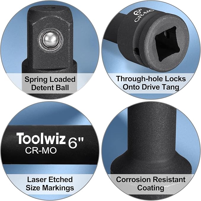 Toolwiz 3/4” Drive Impact Extension Bar 4”, 6”, 10” (3 Piece) Cr-Mo Steel, Expand the Range of Impact Drivers, Organized in PVC Box - Black 3/4 Ratchet Wrench Extension Bar Socket Set