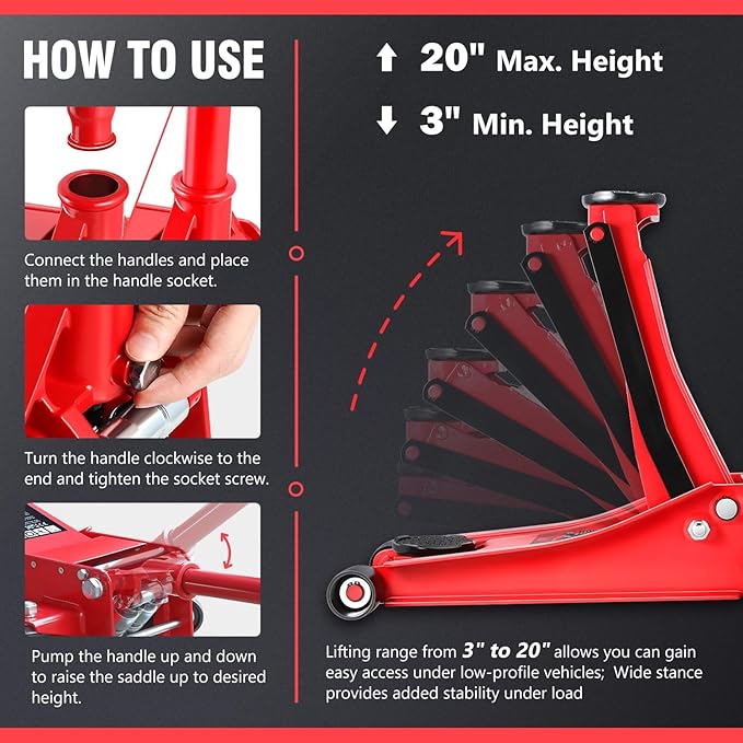 PM PERFORMOTOR Low Profile Hydraulic Trolley Service/Floor Jack, 3 Ton (6000 lbs) Capacity, Lifting Range 3"-20",Red,PM-TOL-FJ30-RD