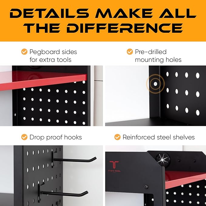 Power Tool Organizer Wall Mount, 4 Layer Heavy Duty Metal Tool Storage Rack with 4 Drill Holders, Pegboard Side Panels & Hooks, Garage Tool Organizer Wall Mount for Cordless Tools, Workshop, Shed