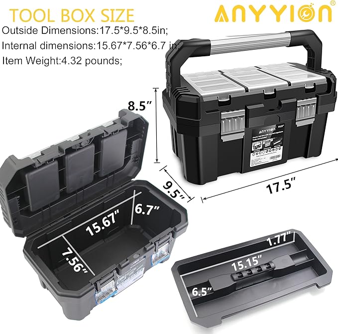 Anyyion 17-Inch Tool box with Removable Tray with Stainless Steel Dual Lock Secured,Small Parts Box, Metal Handle is Truly Rugged（Internal:15.67"L x 7.56"W x 6.7"H)