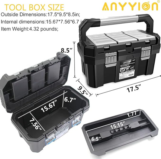 Anyyion 17-Inch Tool box with Removable Tray with Stainless Steel Dual Lock Secured,Small Parts Box, Metal Handle is Truly Rugged（Internal:15.67"L x 7.56"W x 6.7"H)