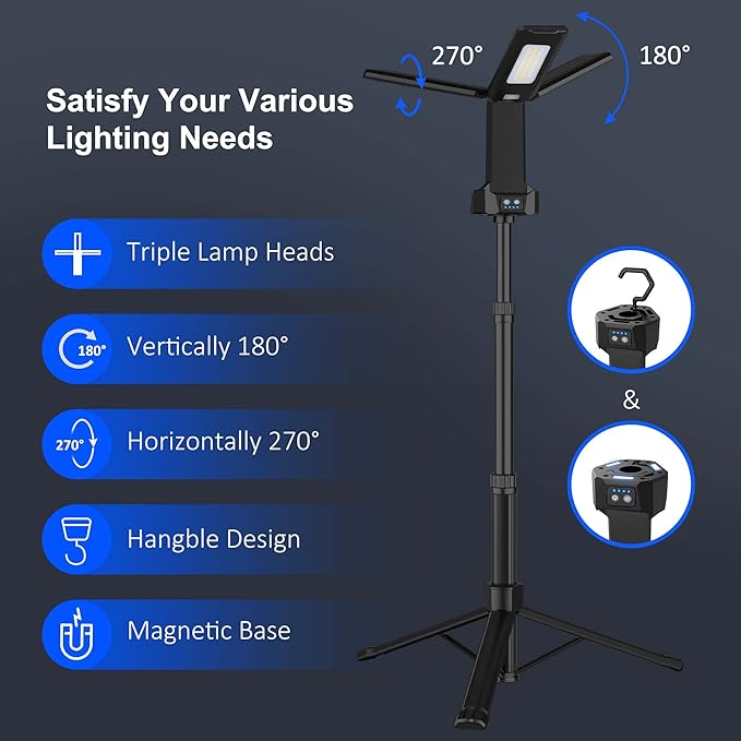 Rechargeable LED Work Light with Stand, Aluminum 67" Portable Cordless Work Light, 8AH Battery, 500/1500/2500 Lumen, 4000/6500K Dimmable Camping Light with Detachable Tripod (Carrying Bag Included)