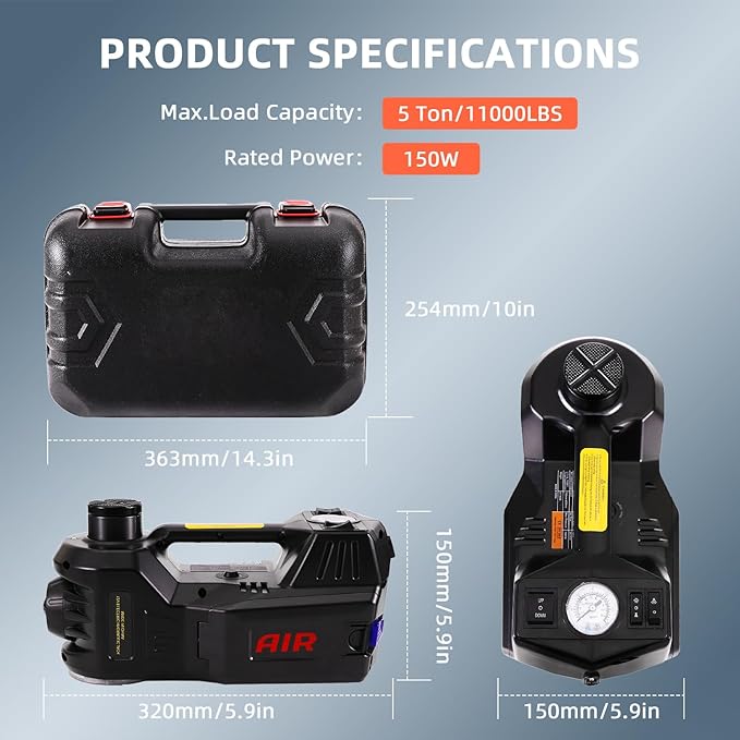 Electric Car Jack Kit 5 Ton 12V Portable Hydraulic Floor Jack with Impact Wrench and Inflatable Pump for SUV Car Tire Change Emergency Repair Kit with LED Light