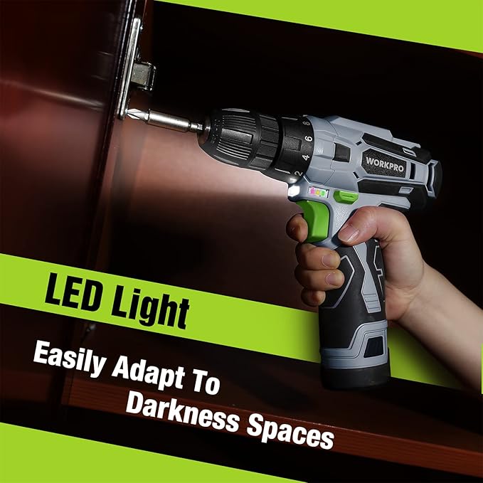 WORKPRO Cordless Drill Driver Kit, 12V Electric Screwdriver Driver Tool Kit, 3/8" Keyless Chuck, Charger and Storage Bag Included