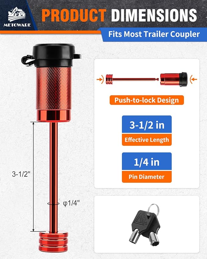 METOWARE Trailer Tongue Coupler Lock 1/4" Dia, 3-1/2" Span, Trailer Hitch Lock for Latch-Type Coupler, Trailer Pin Lock for Towing Trailer RV Car Boat Truck Red(1 Pack)