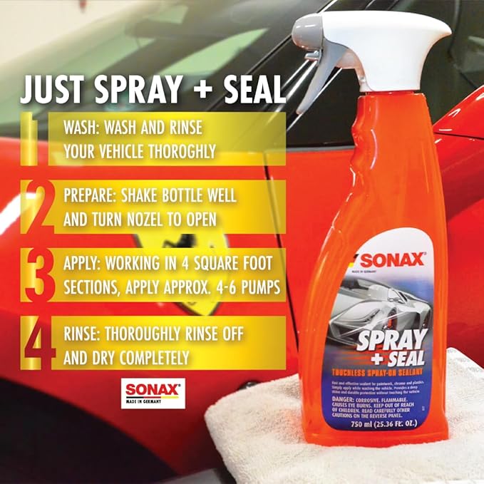 SONAX Spray + Seal 243400 | Quick and Easy Spray On Sealant for Instant Shine and Hydrophobic Protection | Enhances Paint Glass & Plastic Surface | Safe for All Finishes | Long-Lasting Results | 750ml