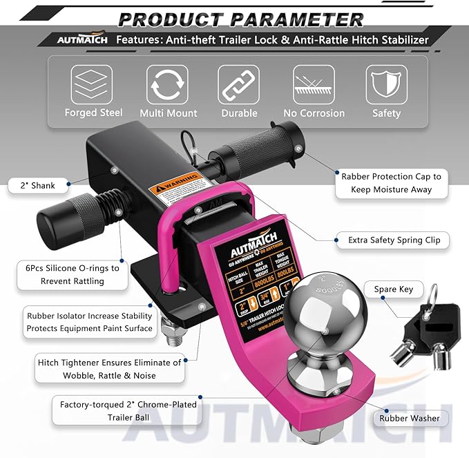 AUTMATCH Trailer Hitch Ball Mount with 2 Inch Hitch Ball - Fits 2" Receiver with Hitch Tightener, 8000Lbs Capacity Ball Hitch, 2-Inch Drop with 5/8" Hitch Lock Pin, Pink & Black