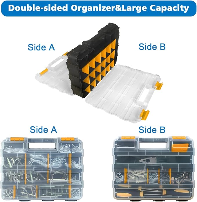 Double Side Tool Box Organizer, Hardware Storage Box, Portable Small Parts Organizer with Removable Plastic Dividers for Screws, Nuts, Nails, Bolts (Orange)
