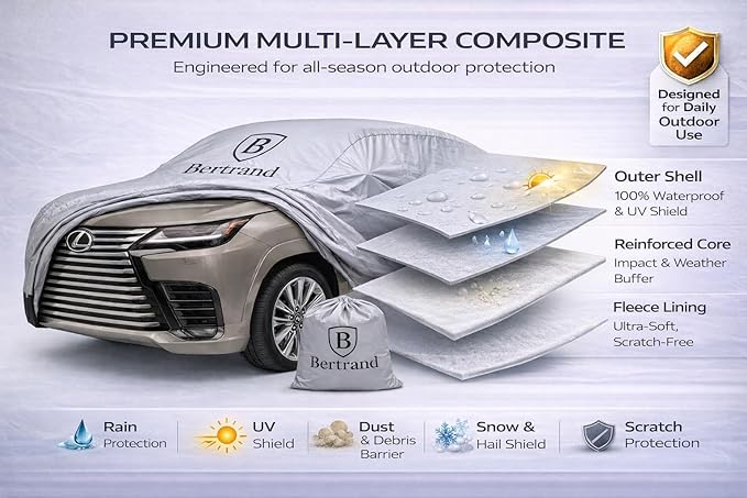 BERTRAND Premium SUV Car Cover (207x77 - Size - S3) - Waterproof All Weather | Mirror Pockets + Door Zipper | Cotton-Lined | UV Protection + Reduces Hail Impact | Extra Large SUVs