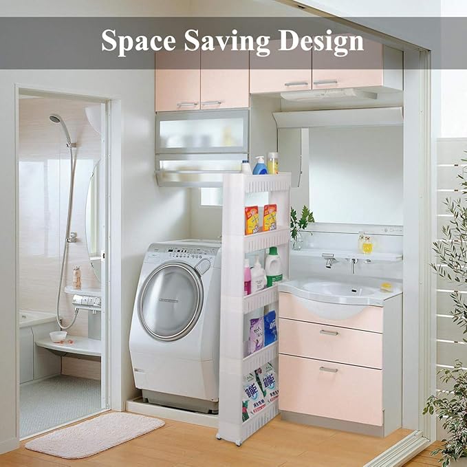 Laundry Room Organizer, Mobile Shelving Unit Organizer with 5 Large Storage Baskets, Gap Storage Slim Slide Out Pantry Storage Rack for Narrow Spaces