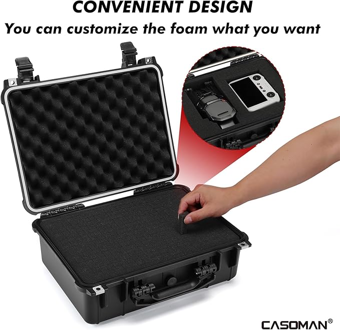 CASOMAN Water-proof Box, with Cush- Proof Sponge, IP67 Water Proof Grade, Large Waterproof Hard Case with Customizable Foam, Perfectly Protection of Camera, Drones, Lens,Equipments, 16"x13.2"x7"