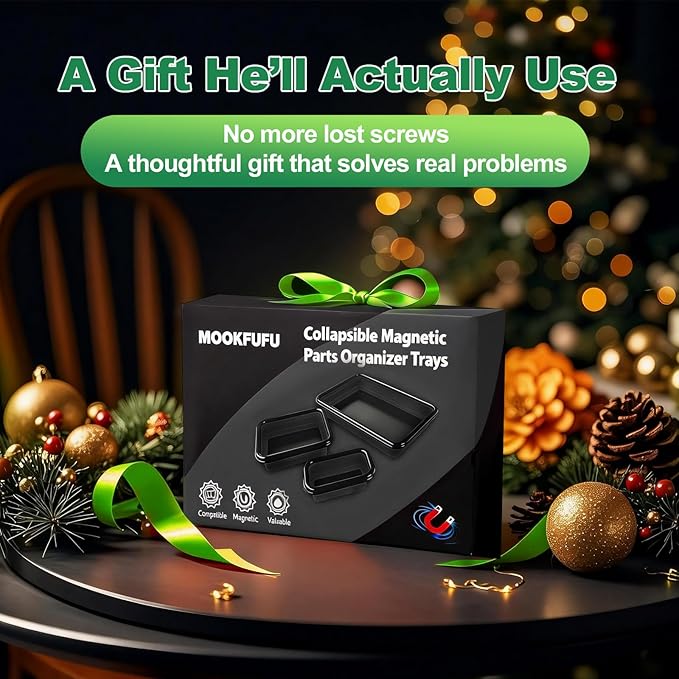 Collapsible Magnetic Parts Tray Set with Extra Strong Magnet Up to 18LB, 3 Different Size Silicone Foldable Tool for Organizing Screw Bolts Nuts Washers Pins and Other Small Metal Parts -Black