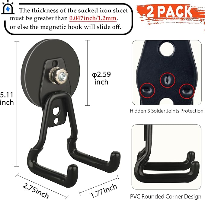 ULIBERMAGNET New Upgraded Large Magnetic Hooks,Strong Heavy Duty Magnet Hooks for Power Drill,Broom,Garden Tools,Pegboard,Garage,Workshop,Hardware, 2 Pack Magnet Storage Holder for Hanging(Black)