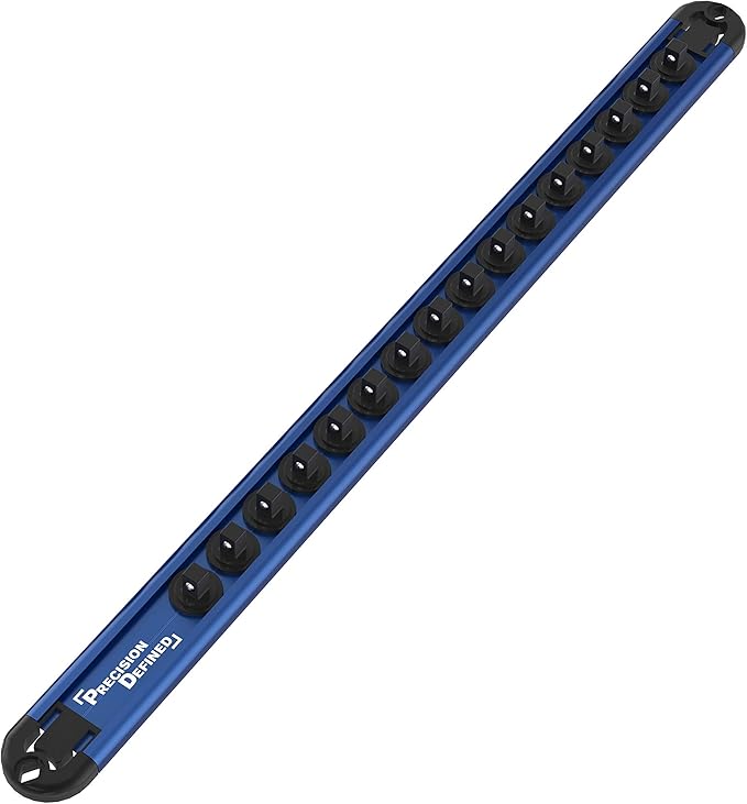 Precision Defined Aluminum Tool Socket Holder | Blue, Single 1/4-Inch Socket Organizer x 16 Clips | Heavy Duty Socket Rails Organizer, Socket Storage, Socket Tray 360 Rotation