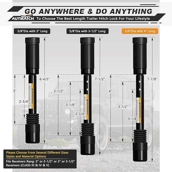 AUTMATCH Trailer Hitch Lock 5/8" - 4" Extra Long Span & Anti-Theft Hitch Locking Pin, Fits Class III IV V 2"-3.5" Receivers, Heavy Duty Towing Lock Pin for Jeep, Trailer, Truck, RV, Bike Rack, Black