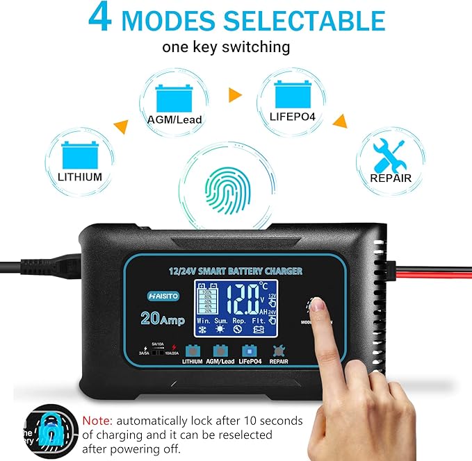 Haisito 20-Amp Smart Battery Charger (Lithium LiFePO4 & Lead-Acid), 12V/24V Rapid Automotive Car Charger with Temperature Compensation - Trickle Maintainer for Boat, Truck, RV, Lawn Mower, Marine