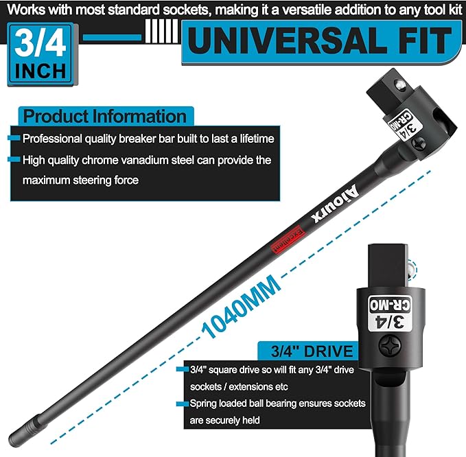 3/4” Drive 41 Inch Breaker Bar, Heavy Duty Head, Premium Chromium-Molybdenum Steel, Laser Etched Marking, for Vehicle Maintenance and Repair, DIY Processing Manufacturing