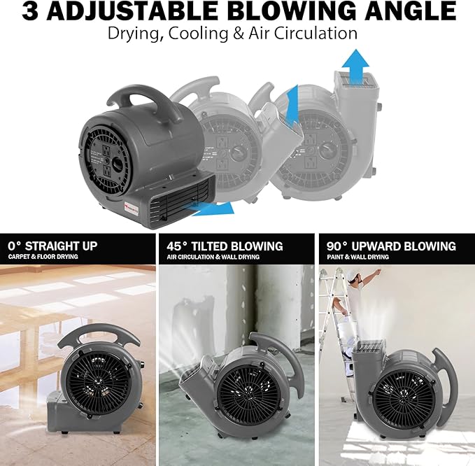 MOUNTO 1/5hp Air Mover 800cfm Blower Fan Carpet Floor Drying Fan - 3-Speed Compact Air Mover w/Dual Outlet, 10ft Power Cord for Drying, Cooling, Air Circulation (Grey), Small