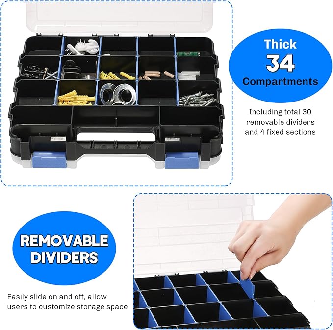 Small Parts Organizer 2 Pack | Storage Case Tools Box 34-Compartments Double Side Organizer Box with Removable Dividers for Small Hardware, Screws, Bolts, Nuts, Nails, Beads (Blue)