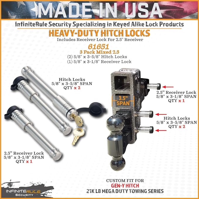 61651 | 3 Pack Mixed 2.5, Keyed Alike, Hitch Locks for Gen-Y Hitch 21K LB Mega Duty Series - Includes Lock for 2.5" Receiver