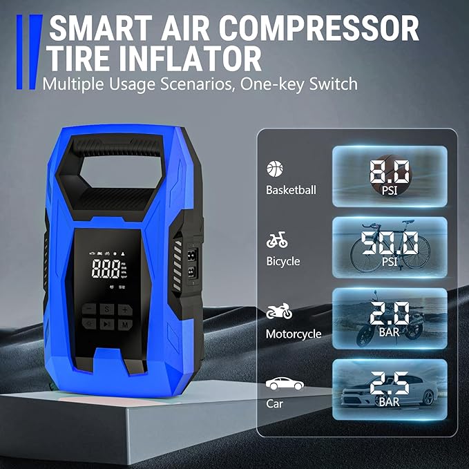 CARSUN AC/DC Tire Inflator Portable Air Compressor, Dual Power for Home 110V AC and Car 12V DC Air Pump with Pressure Gauge, Auto Shutoff, Tire Pump for Car Motorcycle Bike and Other Inflatables, Blue