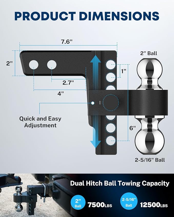 Kohree 2-in-1 Adjustable Trailer Hitch for 2-Inch Receiver, 6" Heavy Duty Aluminum Hitch Kit with 2 Balls (2-5/16" & 2"), 12,500 lbs GTW, Black Anti-Rattle Lock & Security Pins, Fits Trucks, SUV, RVs