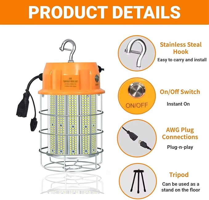 300W LED Temporary Work Light 42,000LM Construction Light Job Site Lighting,5000K,Linkable with ON/Off Button & Hook Portable Work Hanging