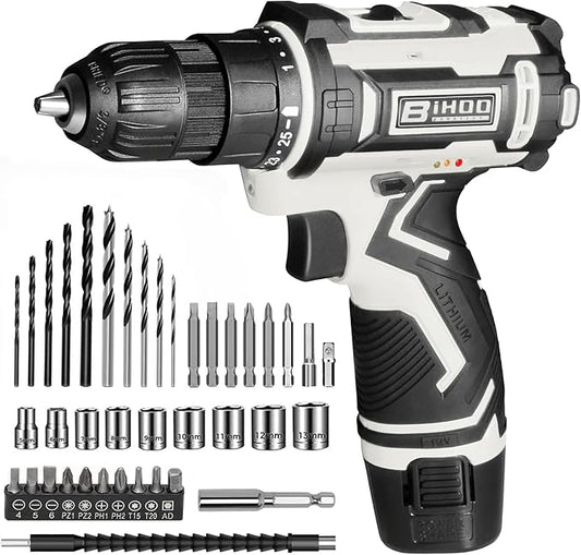 12V Cordless Drill Driver Kit, 2-Speed 0-1600 RPM, 25+1 Torque, 3/8" Keyless Chuck, LED Light, Battery & Charger, Drill Bits Set, for Wood/Metal/Plastic DIY Projects, Home Repair