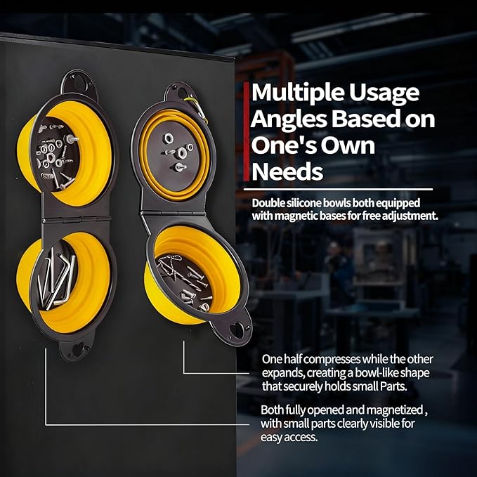 Collapsible Magnetic Parts Tray Set, New Upgraded Version Magnetic Trays, Integrated 5.1" Round Dual Silicone Bowls, Multi-Use Nuts And Bolts Organizer, Bonus Hook for On-the-Go Carry (yellow2.0)
