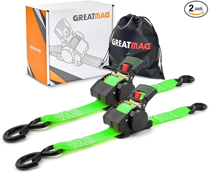 Automatic Retractable Ratchet Tie-Down Straps 1800 lbs, 1in × 10ft Heavy Duty Self-Retracting Ratchet Straps with Dampers, Auto Retract Strap System for Cargo, Trucks, Trailers, 2 Pack, Green