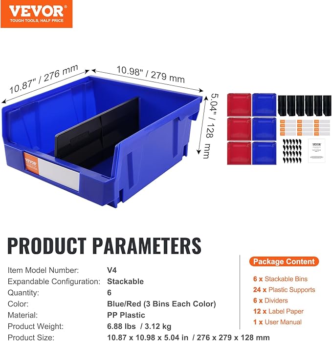 VEVOR Plastic Storage Bins 6 Pack (11 x 11 x 5-Inch), Hanging Stackable Storage Organizer Bins, Heavy Duty Stacking Containers for Closet, Garage, Office, Home, Pantry or Small Parts Organization