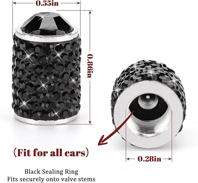 ToBeQueen Bling Tire Valve Covers Black, 4 Pack Handmade Crystal Rhinestone Car Tire Caps Universal Dustproof Bling Car Accessories for Car/SUV/Motorcycle/Bike(Black)
