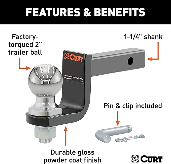 CURT 45148 Trailer Hitch Mount, 2-Inch Ball, Pin, Fits 1-1/4-In Receiver, 3,500 lbs, 3-1/4" Drop, GLOSS BLACK POWDER COAT