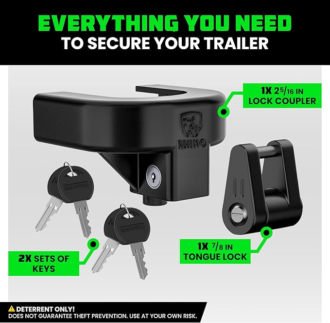 Rhino USA Trailer Hitch Lock Kit (for 2-5/16" Trailers) Heavy Duty Anti Theft Trailer Coupler Locks for RV, Camper, Trailer, Boat, Caravan - Reinforced Solid Steel Tow Lock for Trailer Tongue