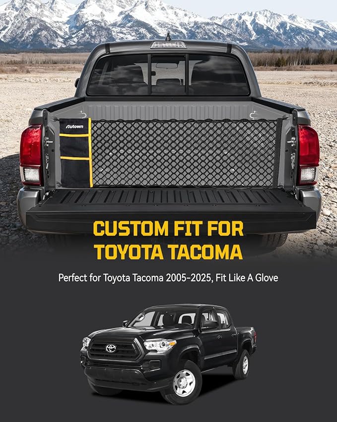 AUTOWN Truck Bed Cargo Net, Envelope Style Bed Netting for 2005-2025 Toyota Tacoma, Pickup Truck Bed Organizer with Upgraded 5mm Bungee & Integrated Storage Bag & Eyebolts & Carabiners