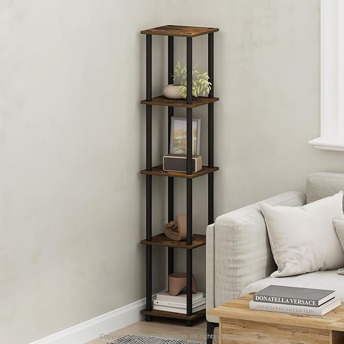 Furinno Turn-N-Tube Storage Shelves, 5-Tier Square Book Shelf, Corner Shelf, Toolless Open Shelves, Round Tubes, for Organization and Storage, Living Room, Garage, Home Office, Amber Pine