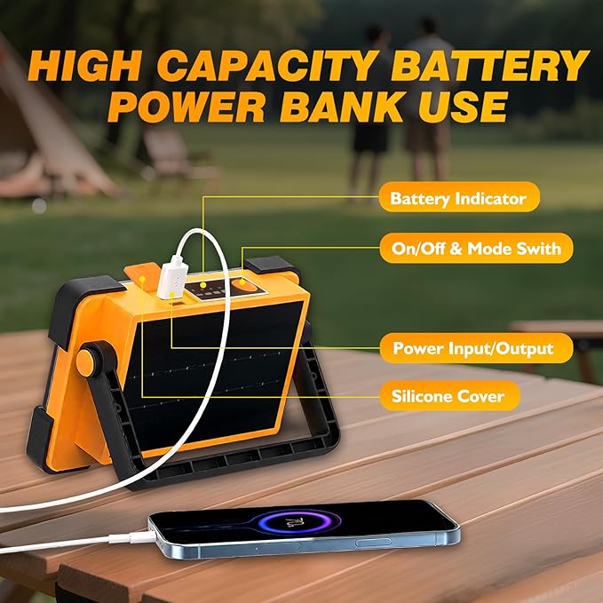 2 Pack 120W Solar Rechargeable Work Light, 144 LED 10000LM Led Work Light with 4 Modes, Portable Flood Light with Stand, IP66 Waterproof Outdoor Working Light for Emergency Mechanic Camping Repair