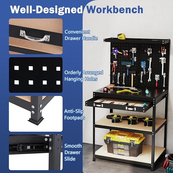 Goplus Workbench with Drawer, 32" x 16" Heavy-Duty Work Table with 2 PCS Pegboard & 4 Shelves, 19 Hanging Hooks, 495LBS Capacity, Metal Tool Storage Work Bench for Garage, Workshop, Home