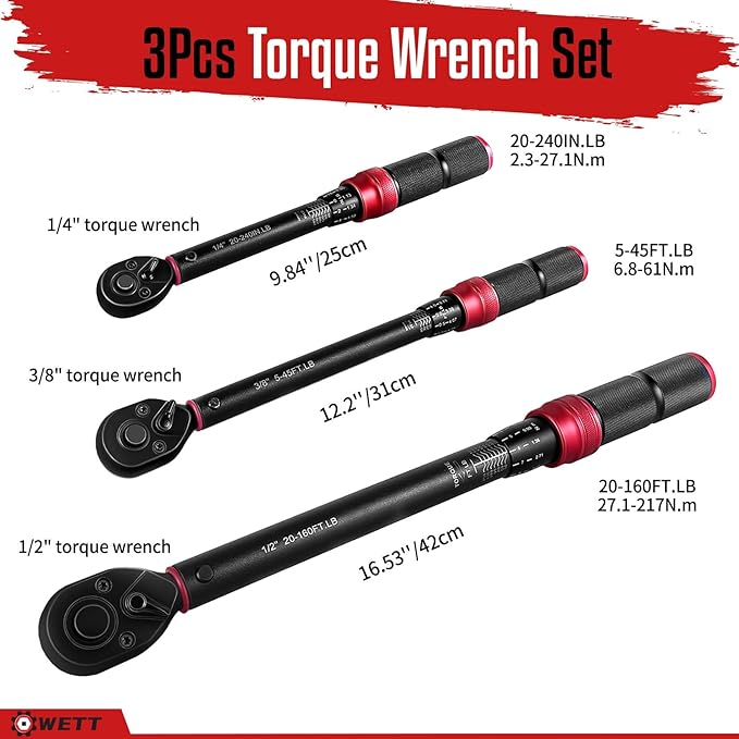 WETT 3Pcs Torque Wrench Set, 1/4'' & 3/8'' & 1/2'' Drive Click Torque Wrench, Dual-Direction Adjustable Reversible 72-Tooth Ratchet Handle, 20-240IN.LB, 5-45FT.LB, 20-160FT.LB