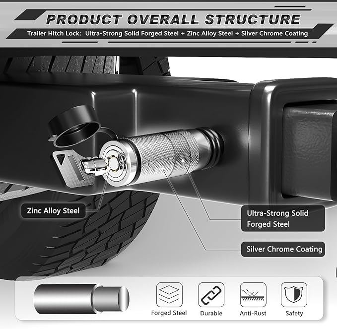 AUTMATCH Trailer Hitch Lock 5/8" - 3" Extra Long Span & Anti-Theft Hitch Locking Pin, Fits Class III IV 2" Receivers, Heavy Duty Towing Lock Pin for Jeep, Trailer, Truck, RV, Bike Rack, Boat, Silver