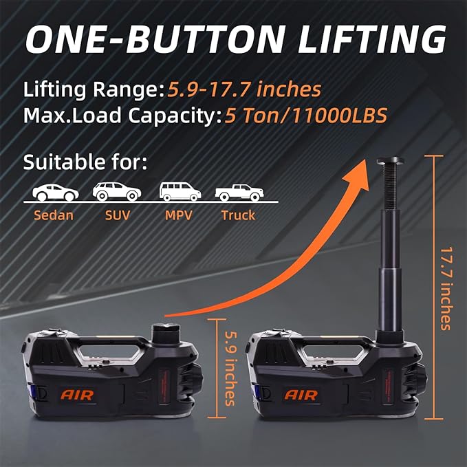 STANDTALL Electric Car Jack Quick Lifting Safe and Portable with Tire Inflator and LED Light Complete Set of Accessories 12V Hydraulic Floor Jack