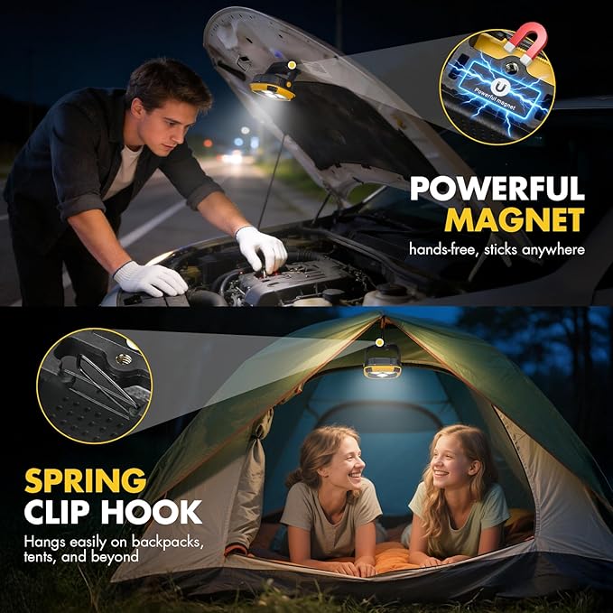 2 Pack 6000mAh Rechargeable Work Light, 4000LM Magnetic Light with Hook, IP65 Waterproof, 30H Runtime, Portable LED Work Light for Car Repair, Job Site Lighting, Emergency(Yellow)