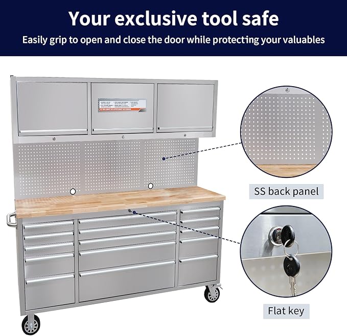 CHETTO C 72” Tool Chest Rolling with 15 Storage Drawers 3 Upper Cabinet Wheels Pegboard Workbench Easy to Operate and Store Stainless Steel