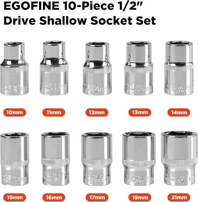 Egofine 10PCS 1/2” Drive Standard Socket Set,Shallow and Metric Socket Set（10mm-21mm,6 Point,With Hanging Bracket,Cr-V Steel