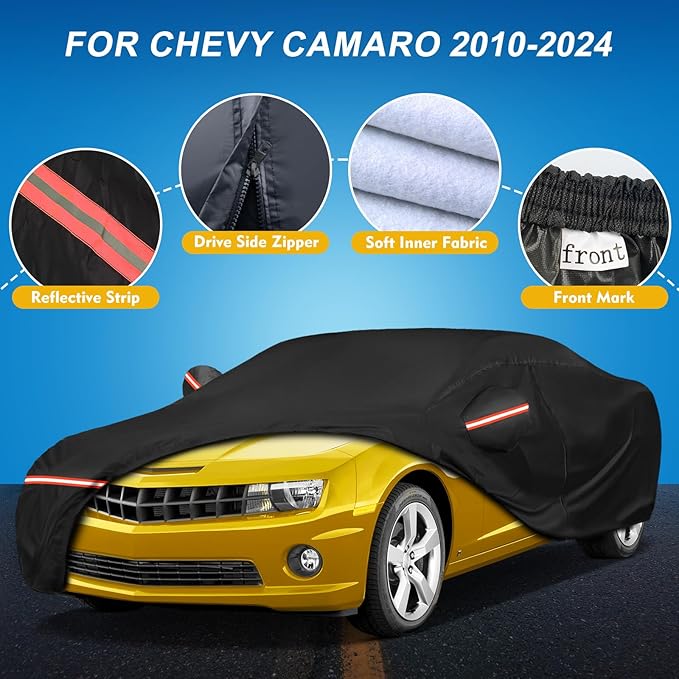 QUNSUNUS 6 Layer Car Cover for Chevy Camaro 1967-2024 Waterproof All Weather 210D Windproof for Camaro Car Cover Hail Protection with Zipper