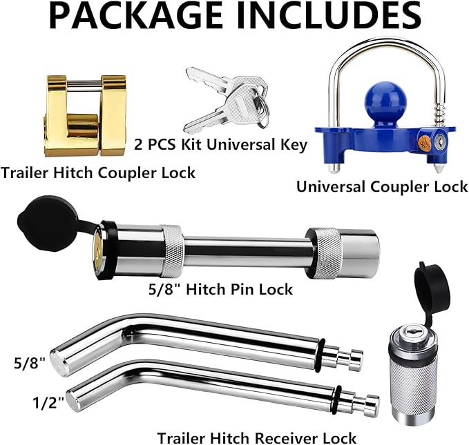 Funmit Trailer Hitch Lock Set with 2 Keys, Including Blue Universal Trailer Lock, 2 Bent Trailer Hitch Locks (1/2"Dia and 5/8"Dia) , 1 Trailer Hitch Lock (5/8"Dia), Gold Coupler Pin Lock - Only 2 keys