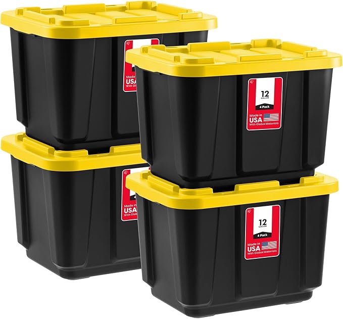 IRIS USA 4-Pack 12 Gallon Storage Bins with Lids |Made in USA| Heavy Duty Plastic Tote Containers for Truckbed Tool Box Organization, Large - Black/Yellow
